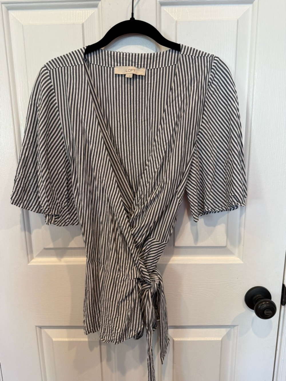 LOFT Navy & White Striped Wrap Blouse with Tie